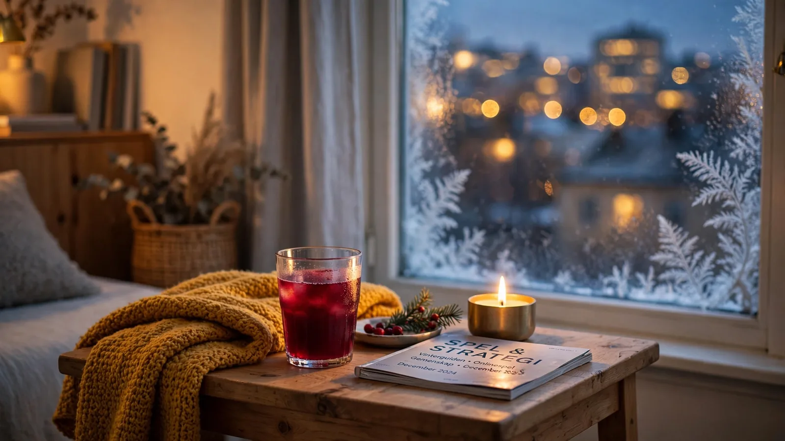 Mysig svensk vardagsrum med varm belysning och lingonjuice