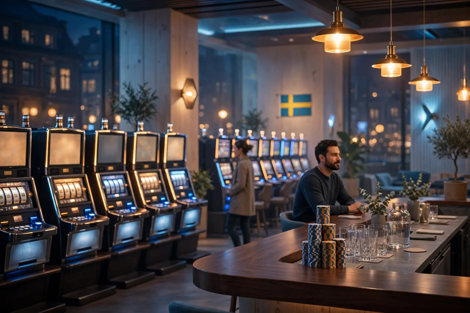 Stiliserad bild av ett modernt svenskt casinot med spelautomater och casinomyten