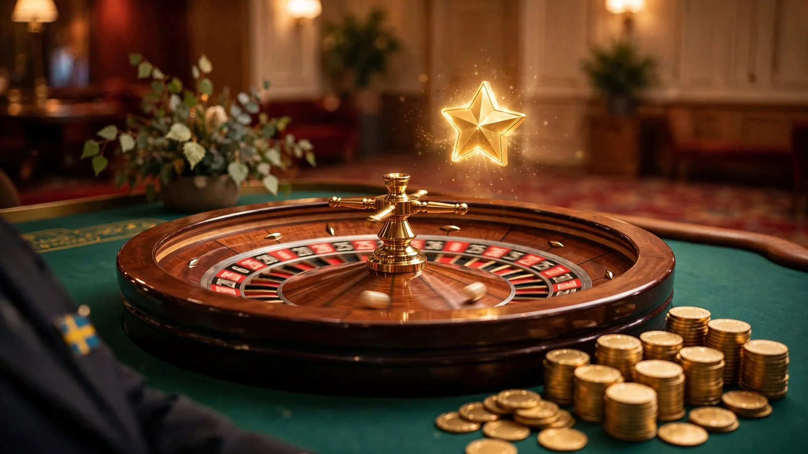 Elegant roulettehjul med guldbetingade marker i stämningsfull casinomiljö.