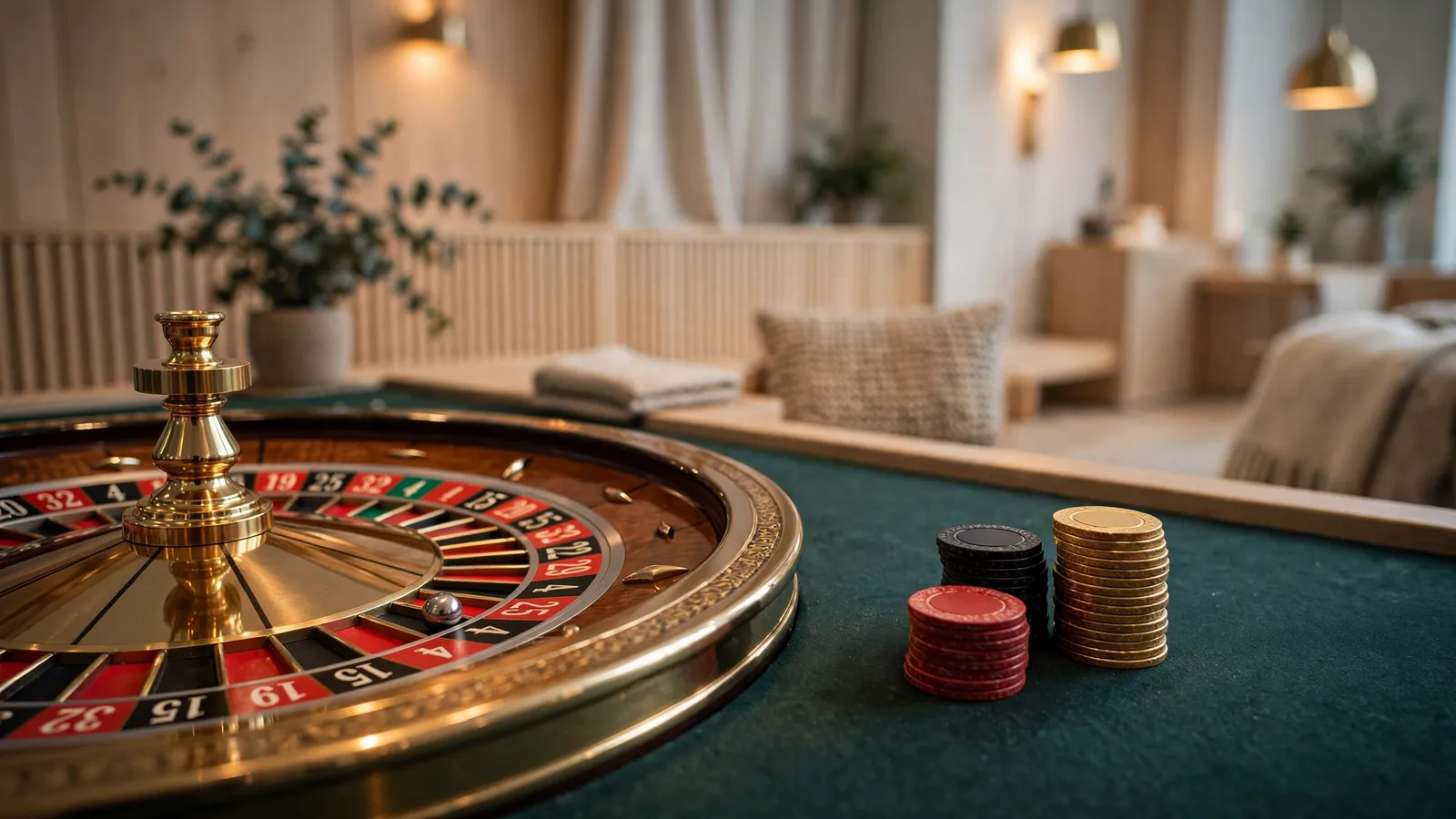 Elegant roulettehjul på grönt filtbord i en stilren Stockholms-miljö med färgade casinomarker