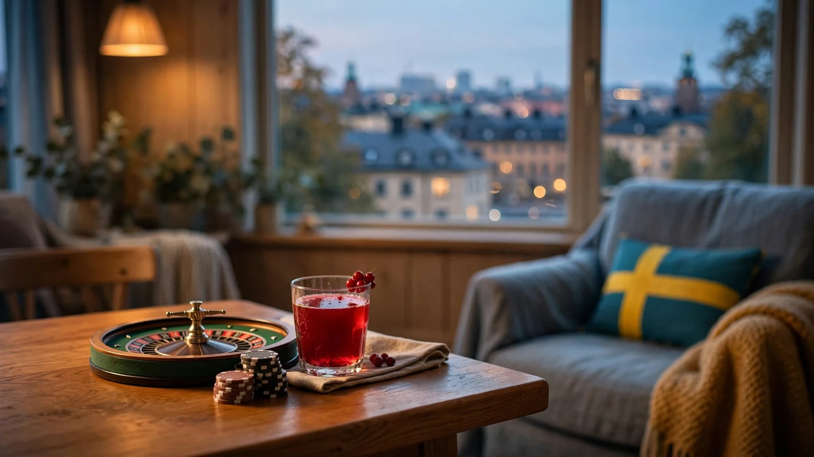 Svensk casinolounge med roulette, marker och utsikt över Stockholm