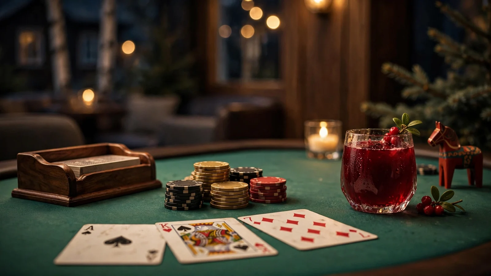 Blackjack-bord med marker och kort i en elegant svensk casinomiljö