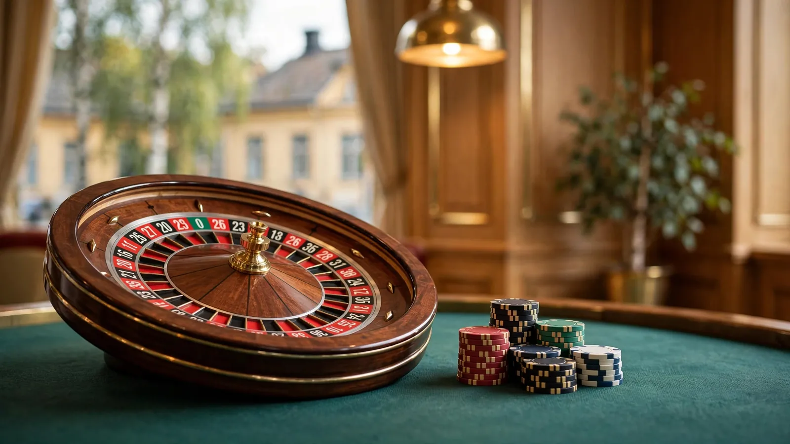 Klassiskt roulettehjul på grönt bord med casinomarker, elegant svensk casinomiljö.