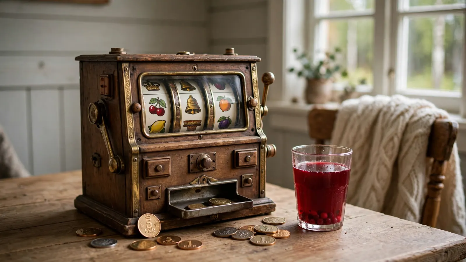 Klassisk spelautomat på ett svenskt bord med kronor och lingonjuice