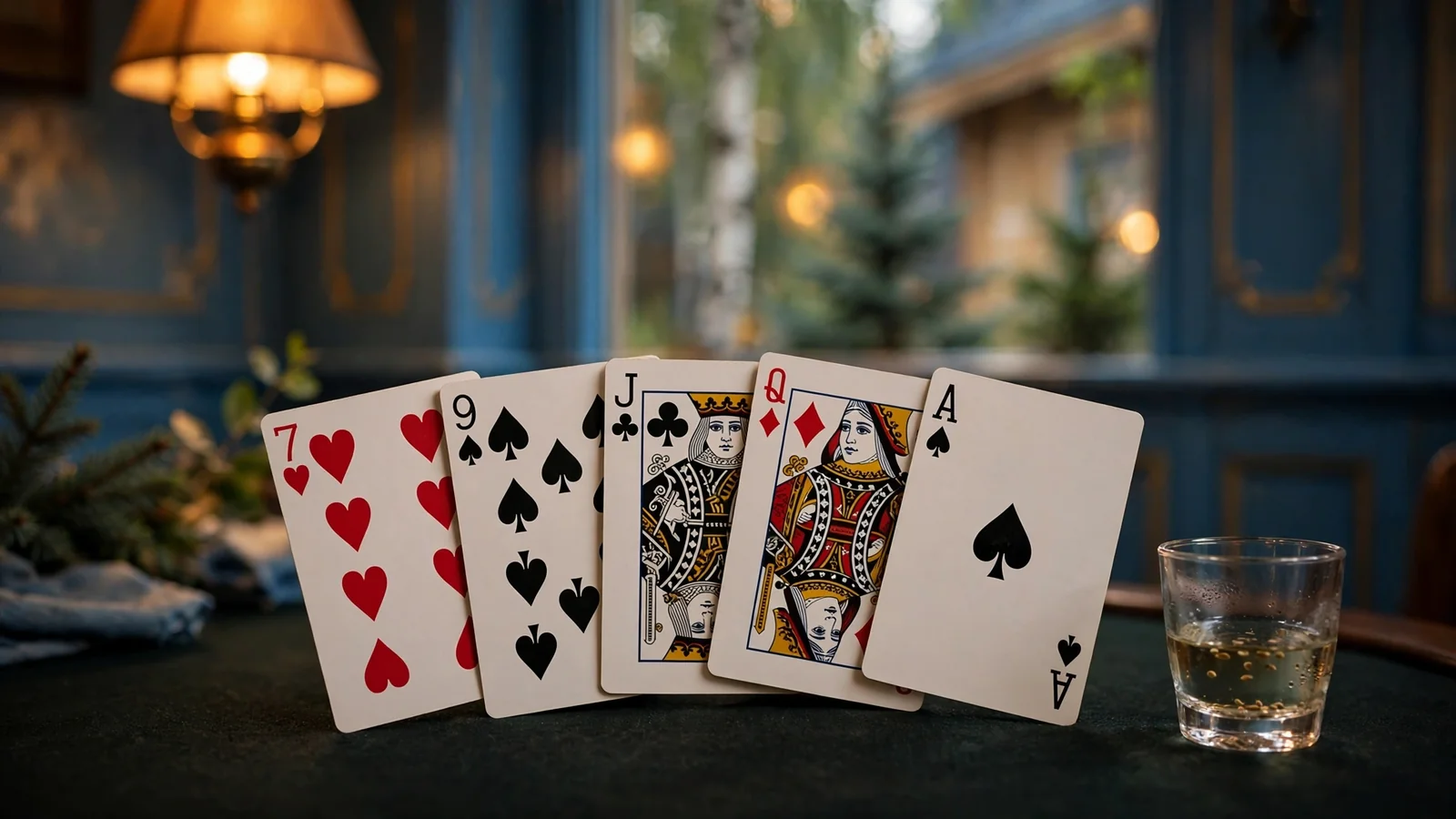 Klassiskt blackjackbord med utdelade kort under varm belysning