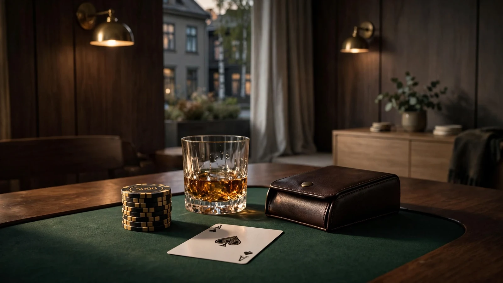 Elegant skandinavisk spelmiljö med marker, kort och whiskey på ett grönt bord