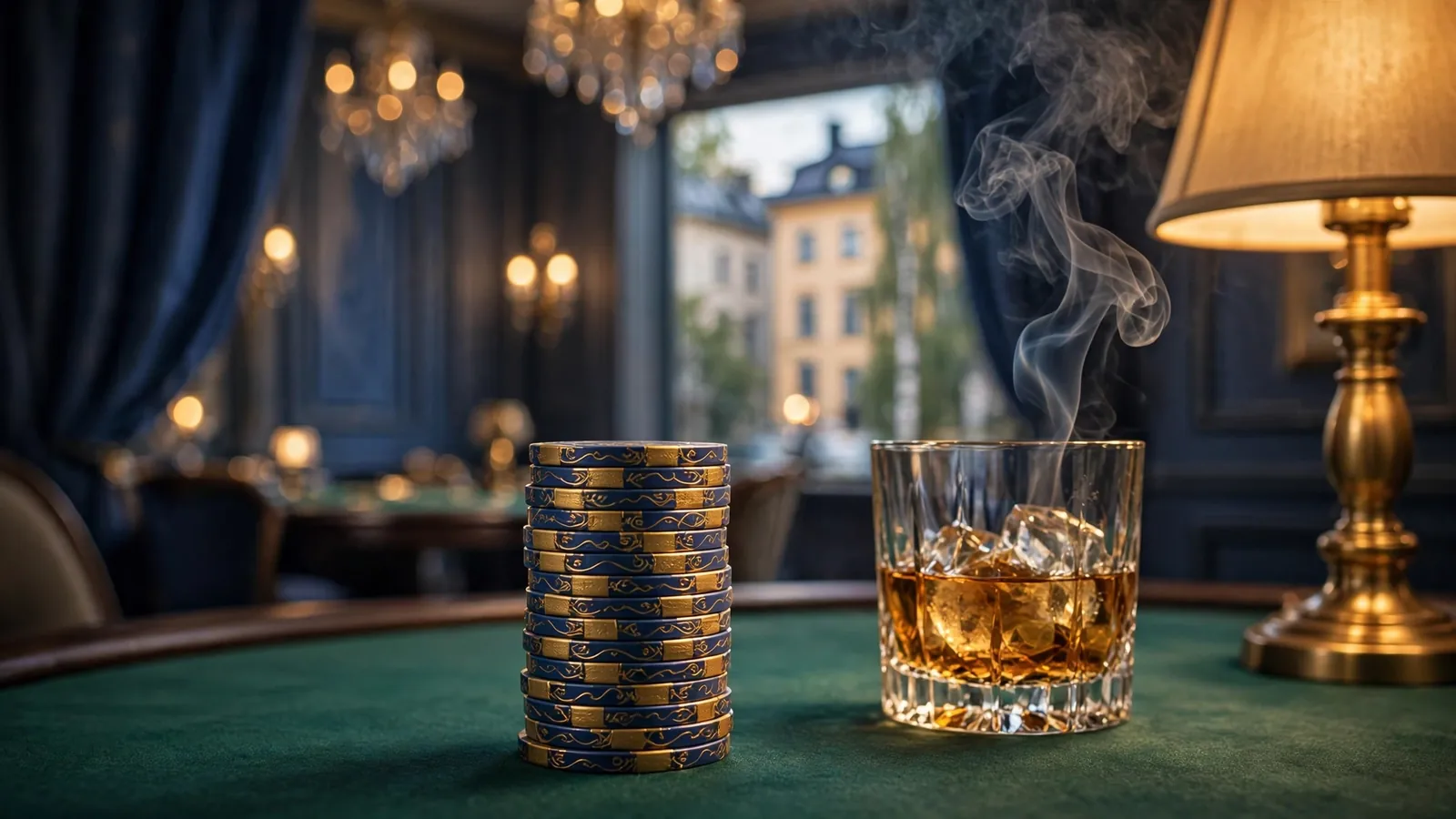 Lyxtallrik med casinomarker och rök på grönt filtbord i exklusiv VIP-miljö