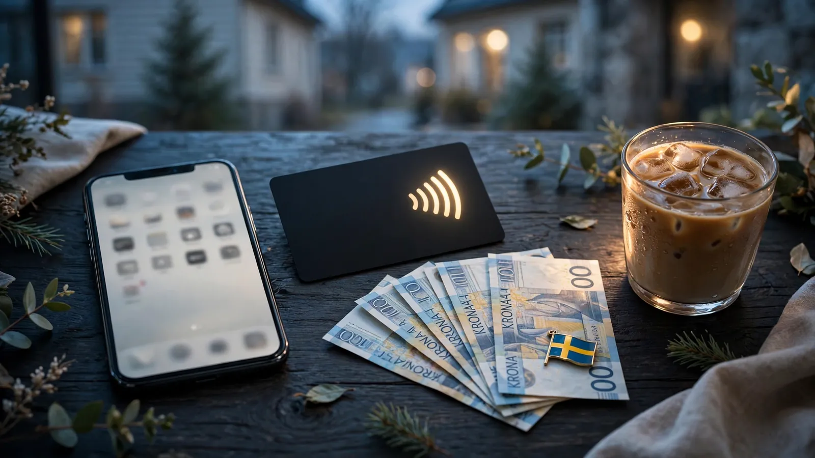 iPhone med Apple Pay och svenska kronor på mörkt bord
