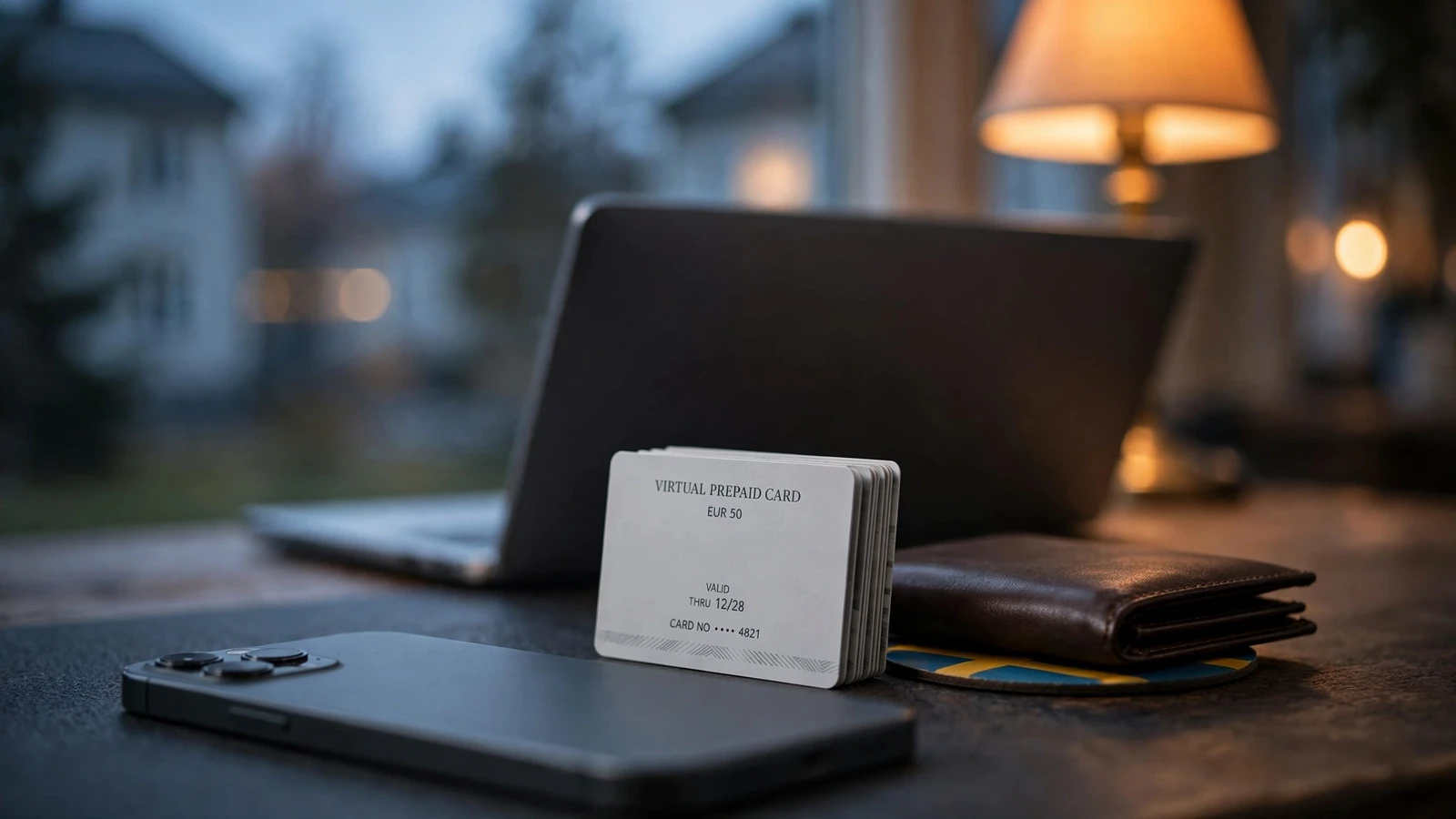 Smartphone, AstroPay-kort och plånbok på ett skrivbord