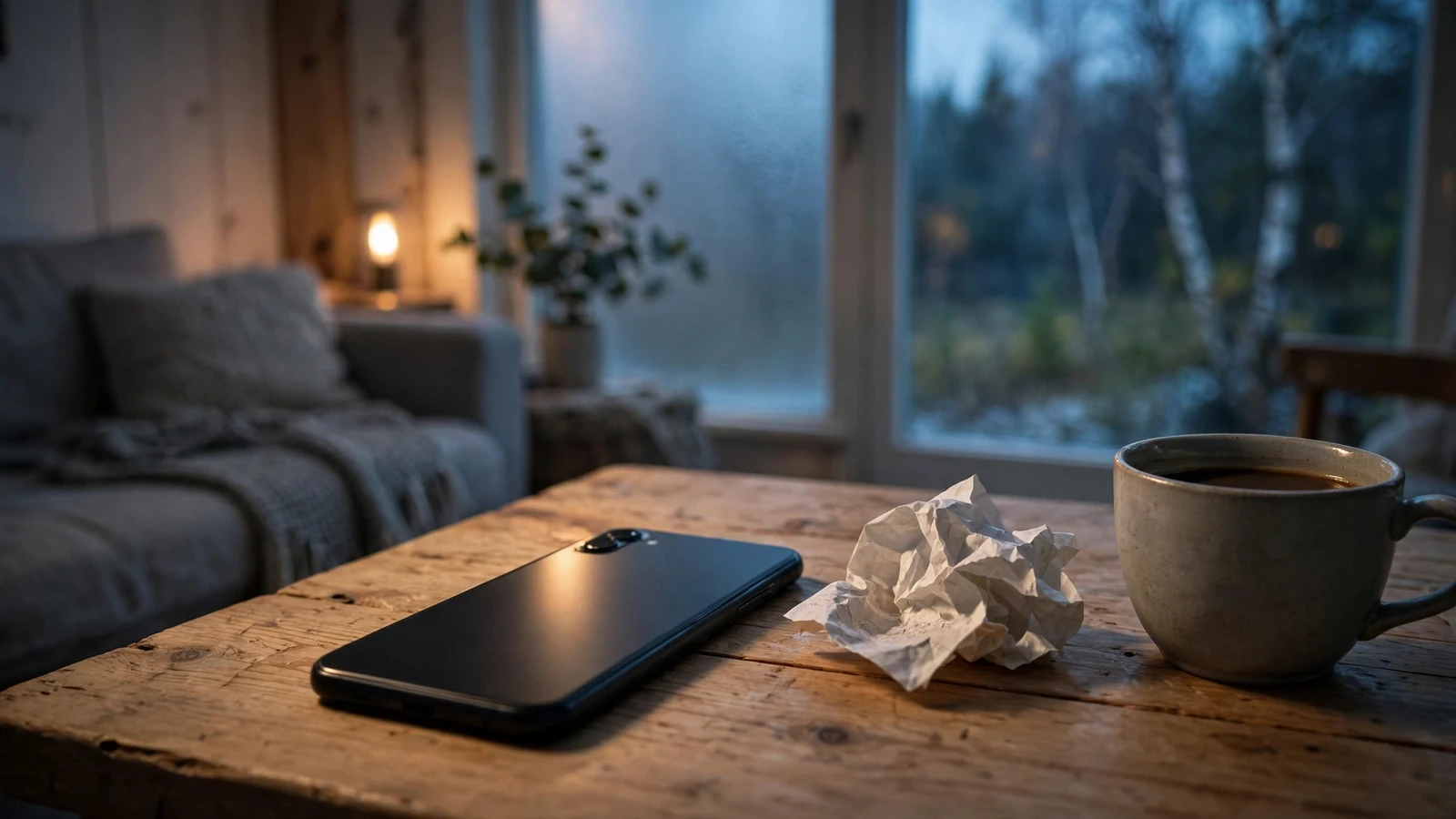 Smartphone med skärmen nedåt på ett bord i ett svenskt vardagsrum