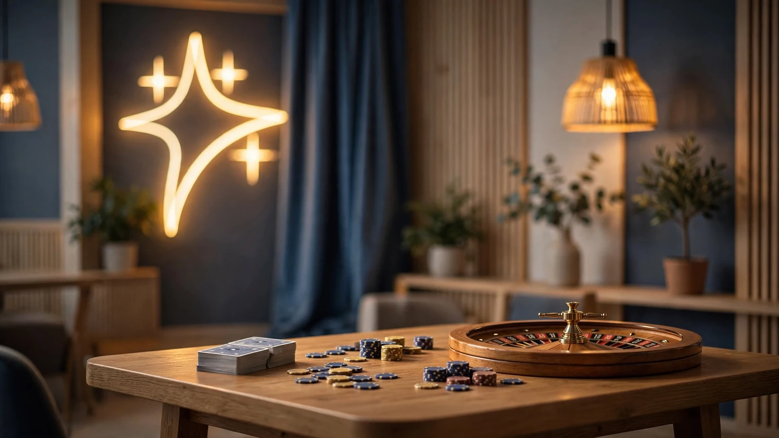 Elegant casinobord med marker, roulette och kort i varm belysning