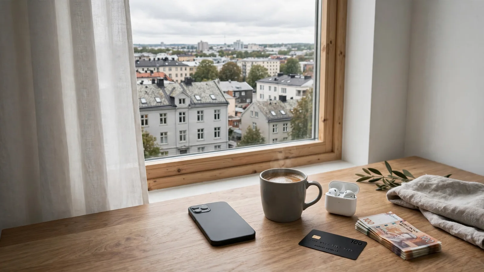 Modernt svensk vardagsrum med telefon och betalkort vid fönster