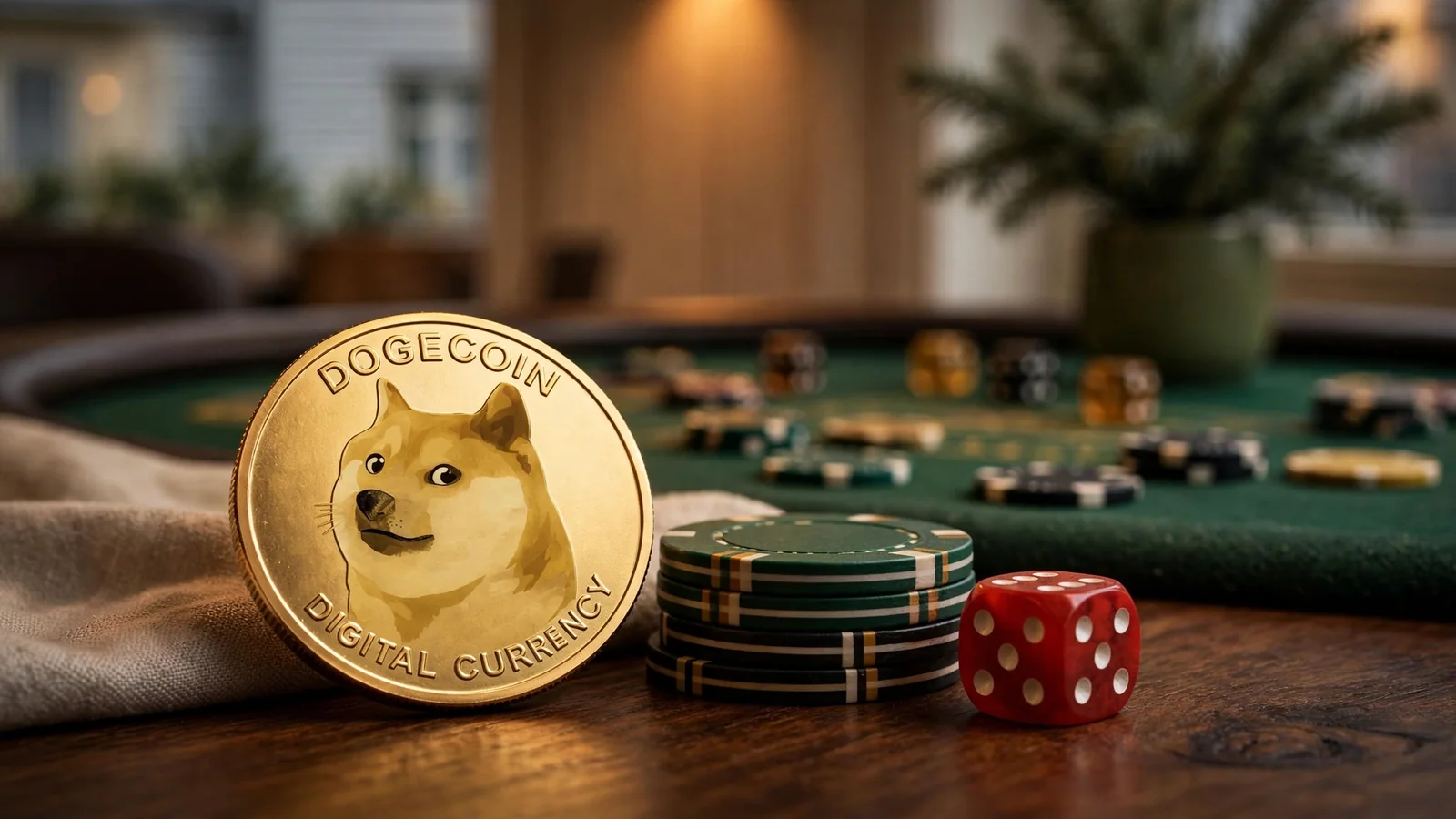 Dogecoin-mynt bredvid casinokmark och tärning på ett spelbord