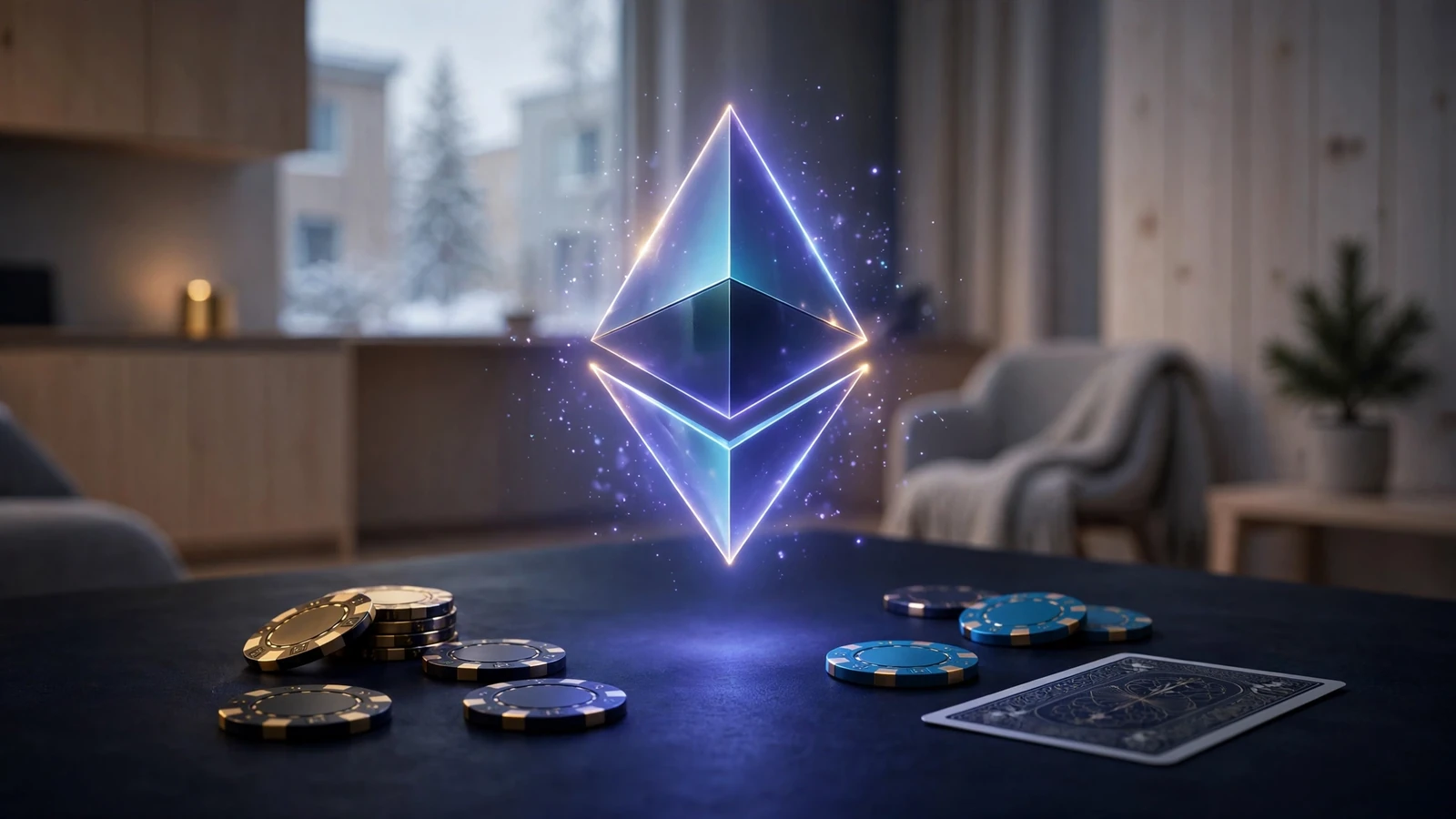 Ethereum-symbol över casinotema med marker och kort i mörk svensk atmosfär