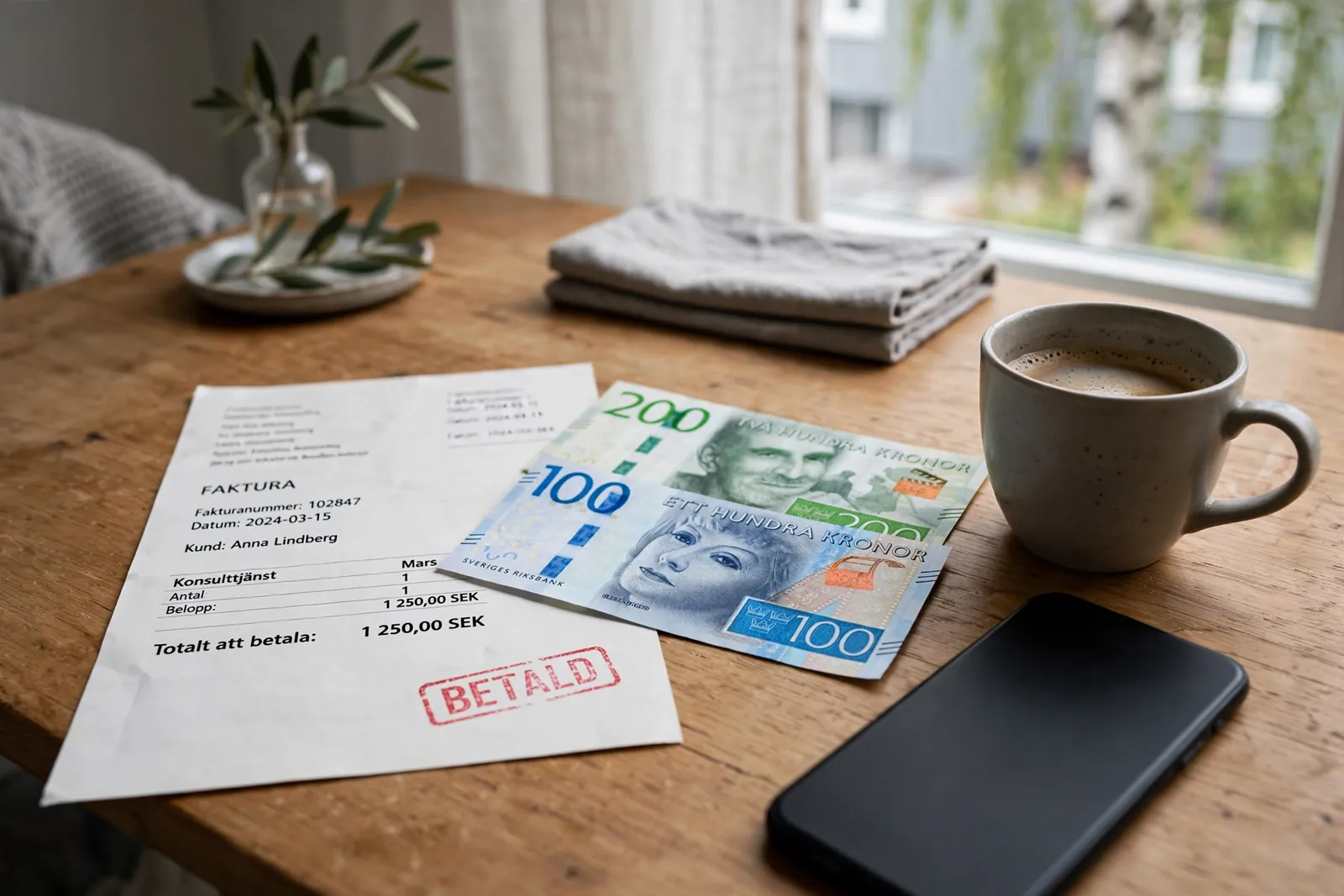 Skrivbordsbild med pappersfaktura, svenska kronor och en mobiltelefon med skärmen nedåt