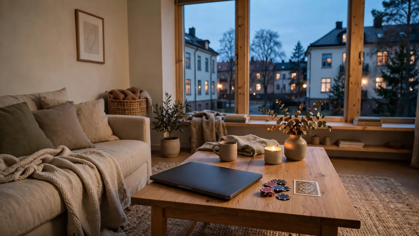 Modernt svenskt vardagsrum med casinokänsla och stängd laptop