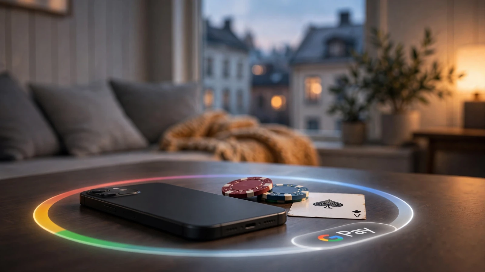 Smartphone med Google Pay-betalkontakt vid casinobord