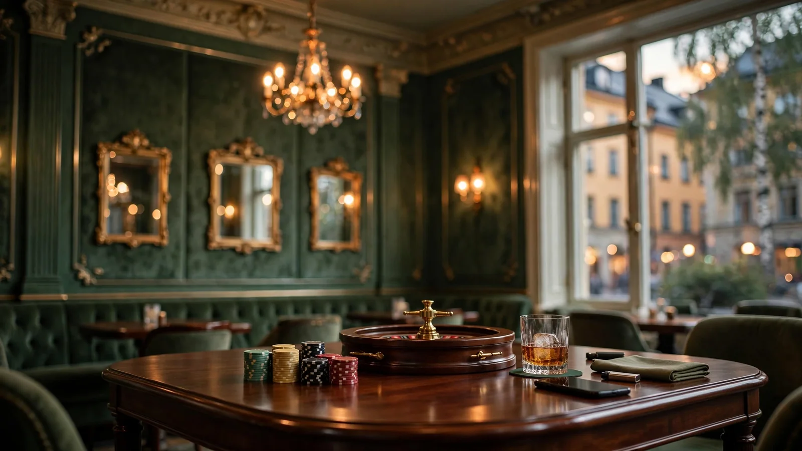 Lyxig svensk casinolounge med polerad mahognybord och staplade marker