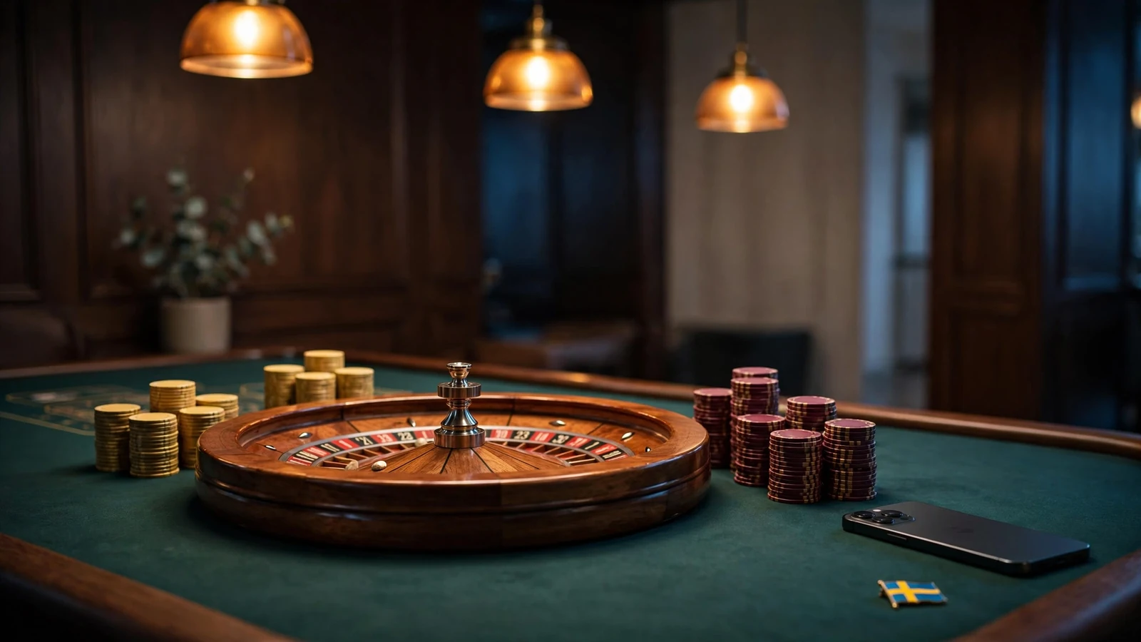 Roulettehjul och casinomarker på grönt bord i en stilren svensk spelhall