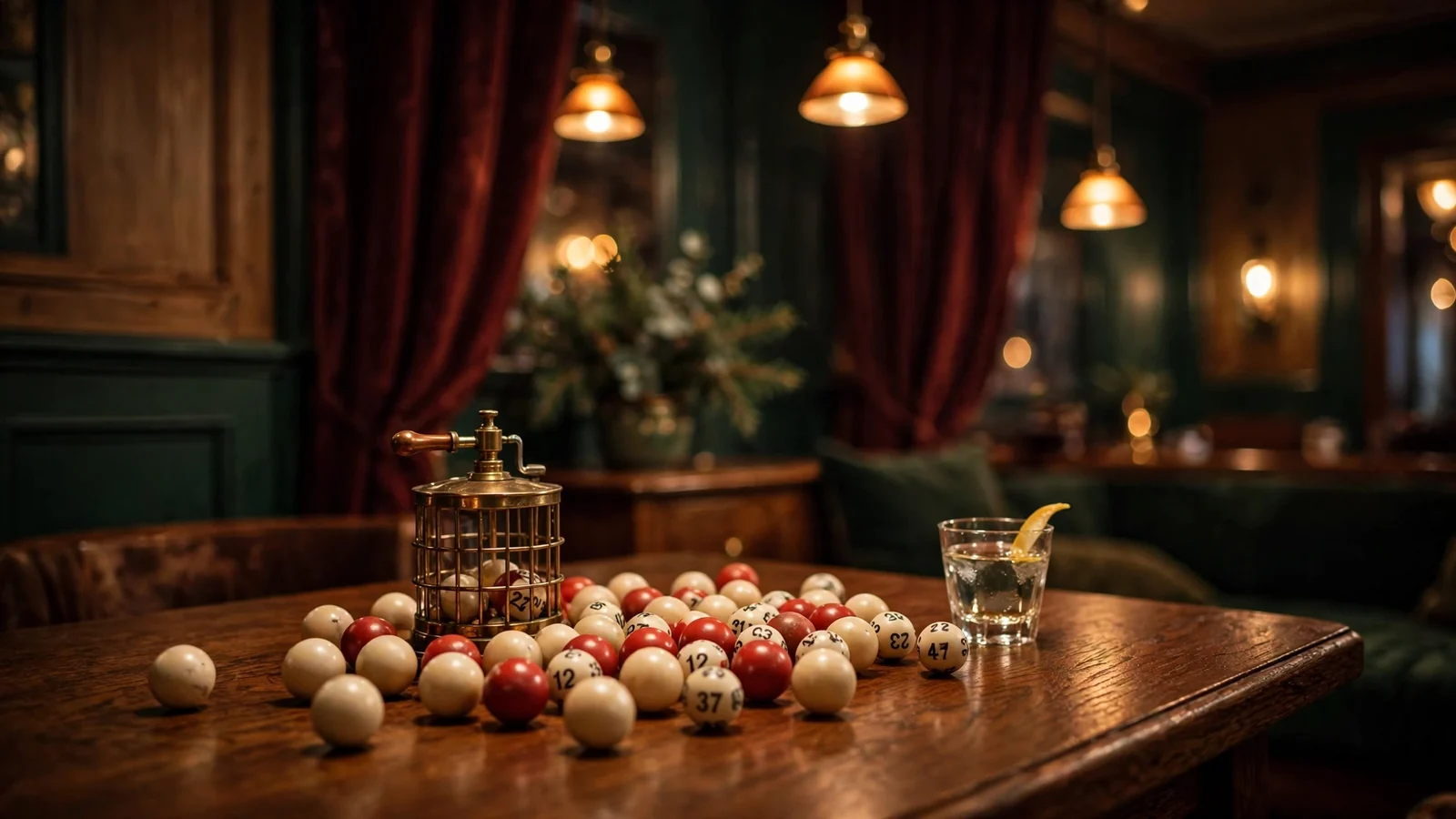 Stilbild av keno-bollar och casinobord i varmt belyst svenskt spelrum.