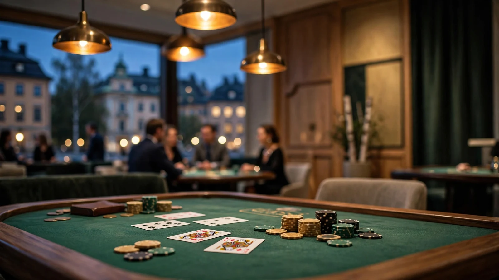 Elegant svenskt casinointeriör med kortbord, marker och varm belysning.