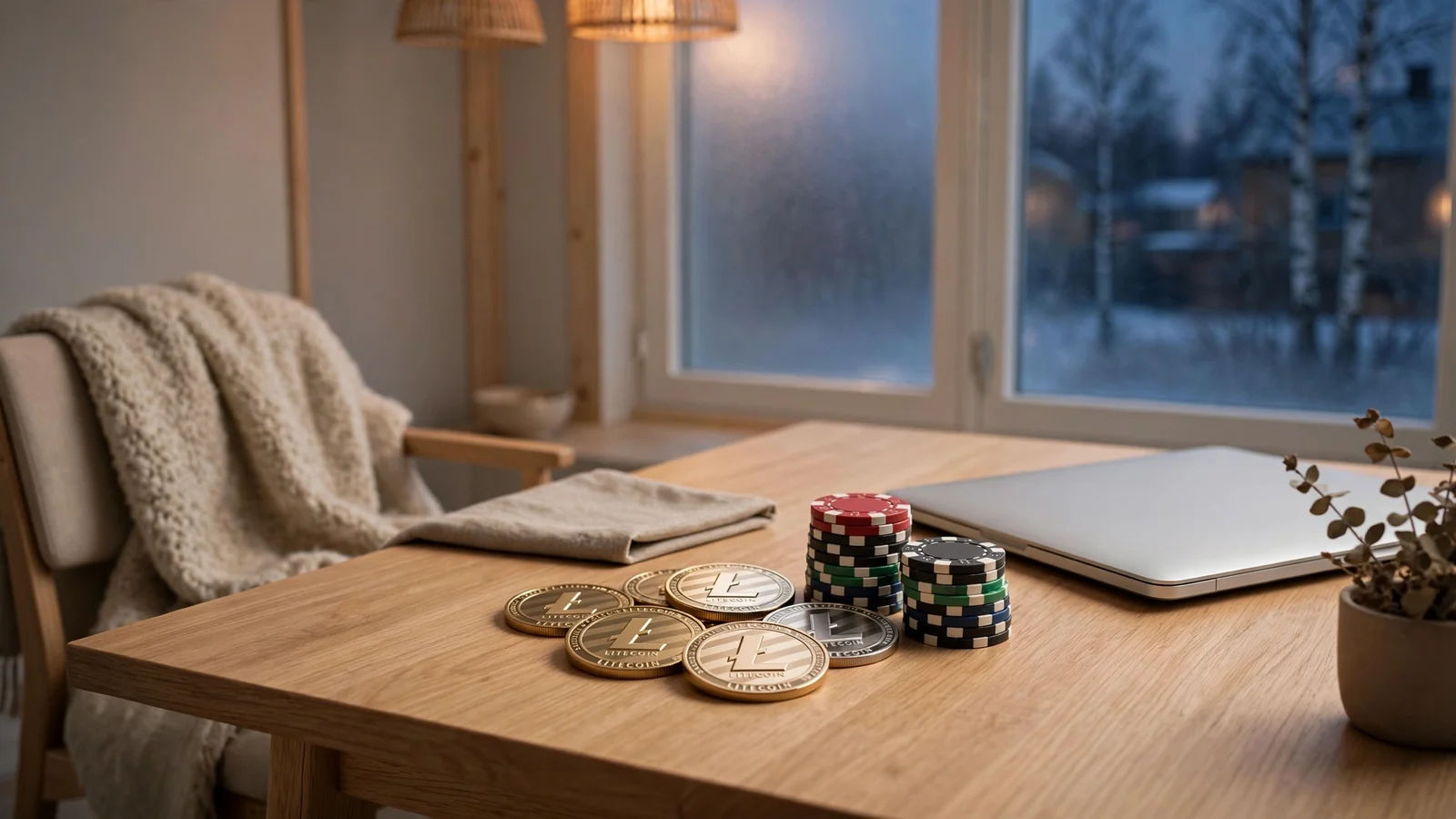 Minimalistiskt skandinaviskt rum med Litecoin-mynt och casinofigurer på ett träbord