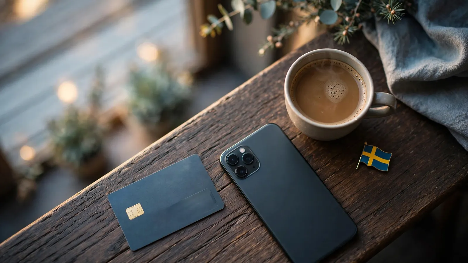 Mastercard-kort och telefon på ett nordiskt skrivbord med svensk kontext