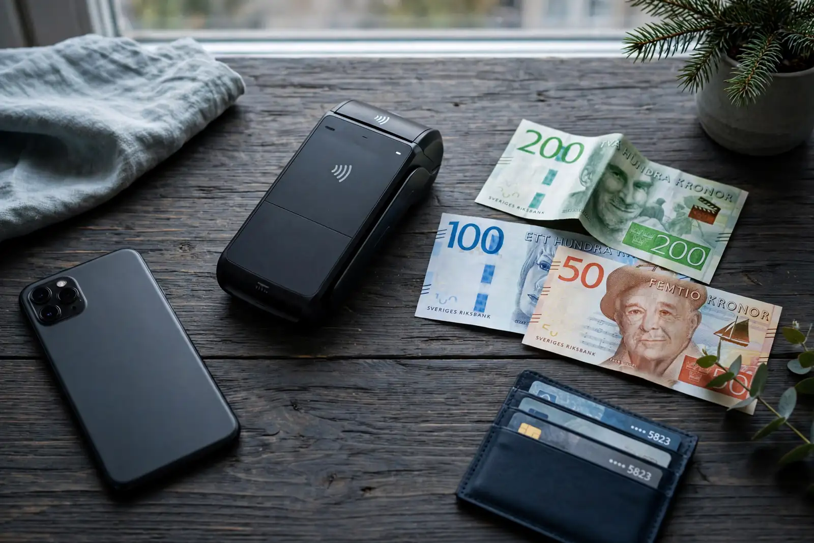 Smarttelefon, kontaktlös betalterminal och svenska kronor på ett nordiskt skrivbord