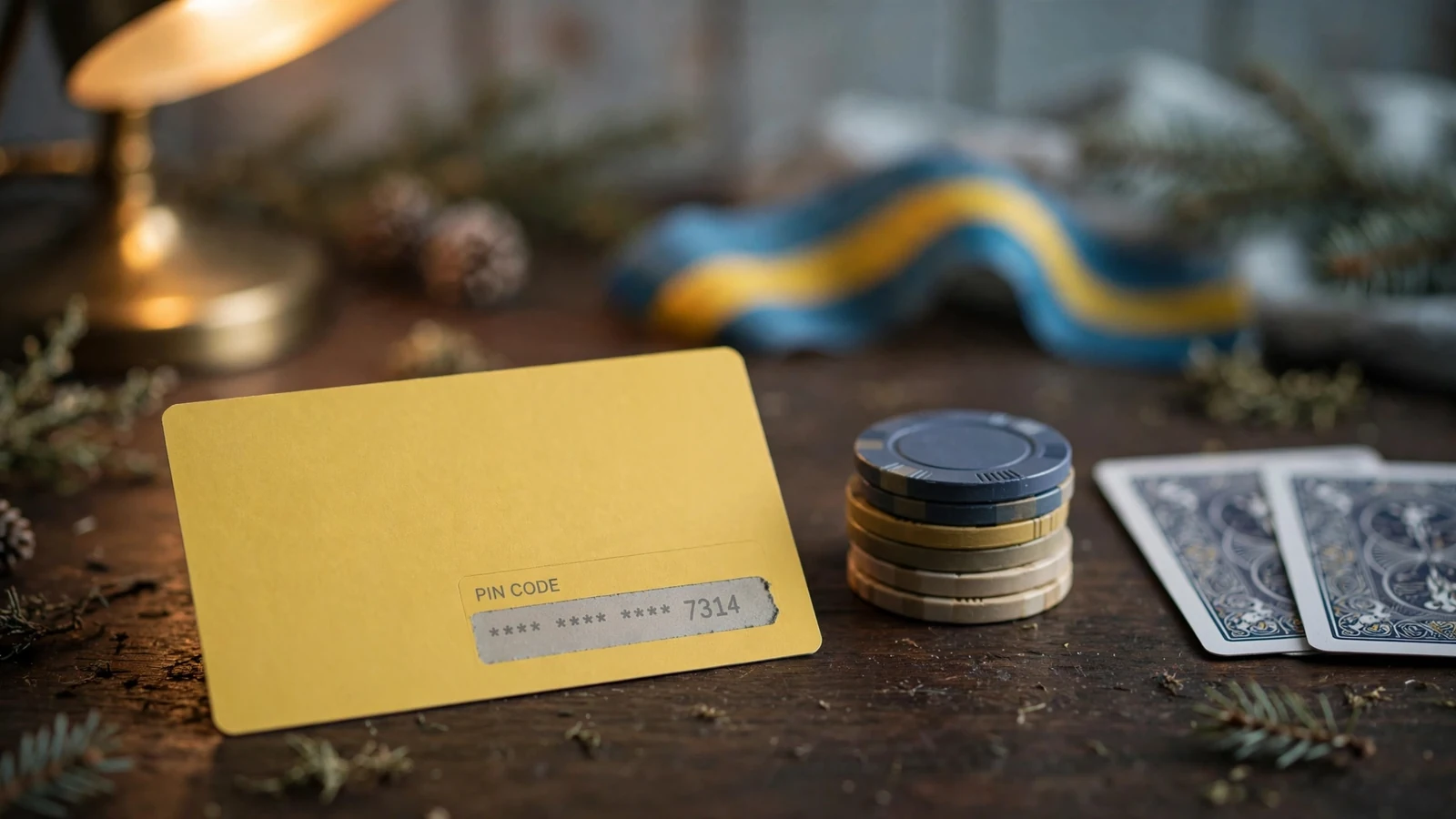 Förbetald voucher, casinofigurer och en svensk flagga på ett skrivbord