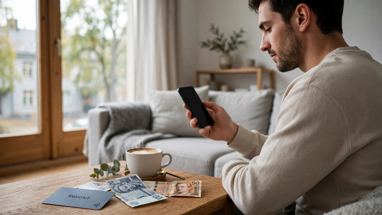 Person med smartphone, bankkort och sedlar på soffbord i modern svensk lägenhet