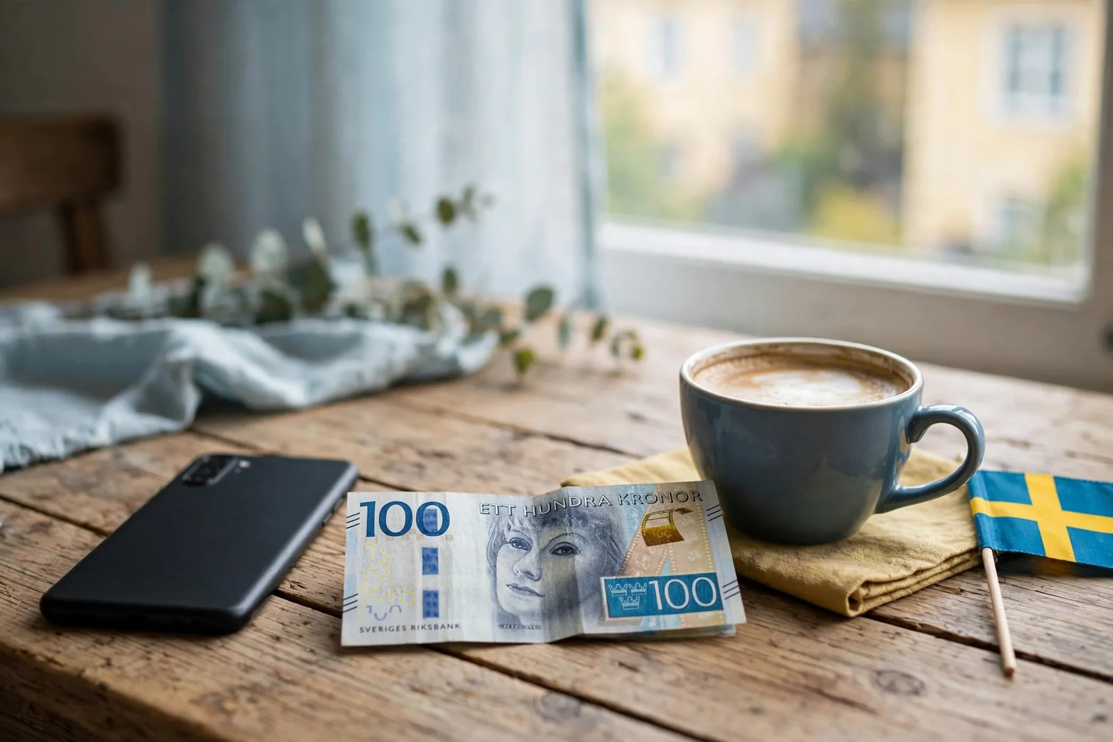 Smartphone och svenska kronor på ett bord, svensk kontext