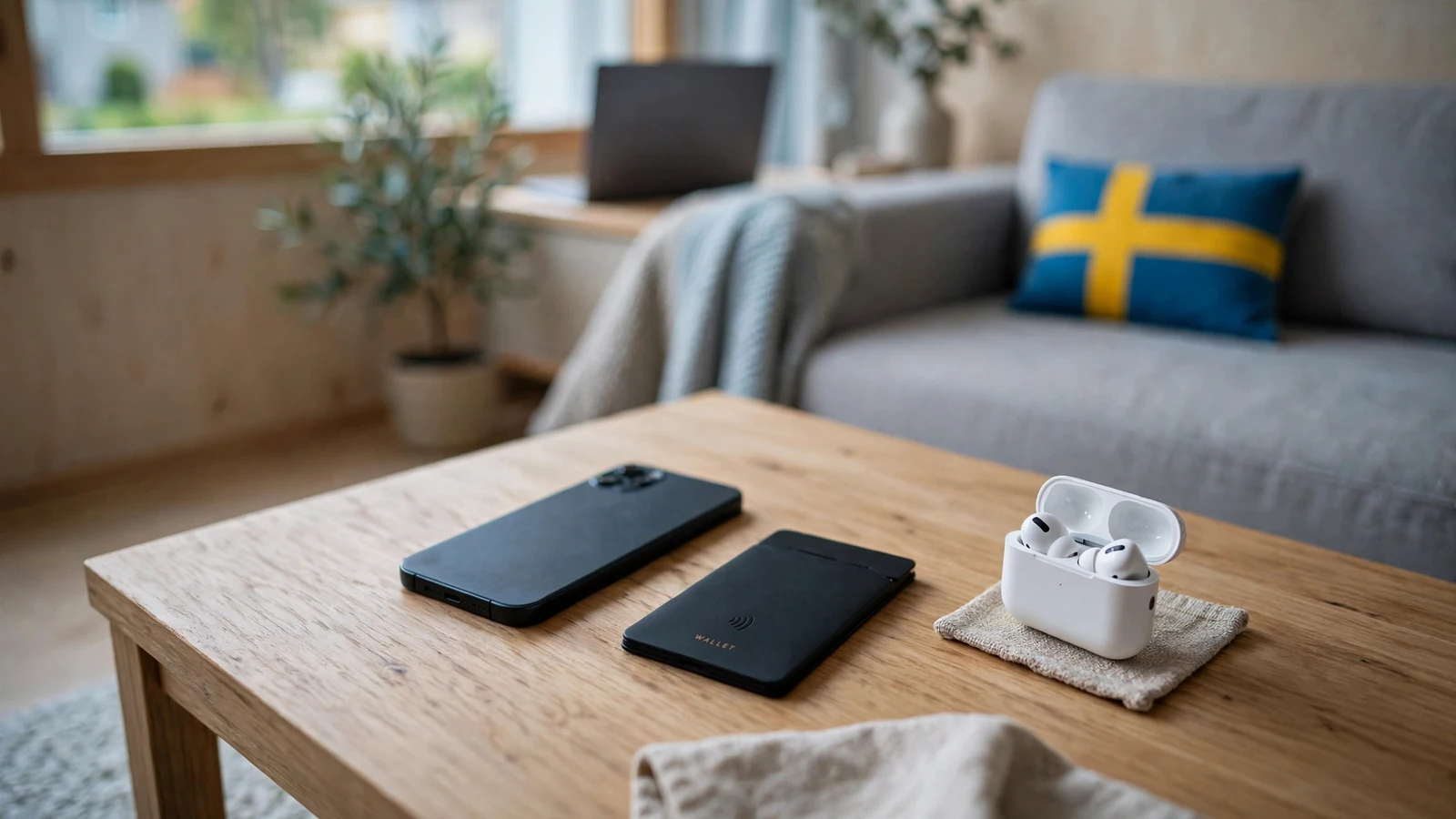 Skrill e-plånbok och telefon i modernt svenskt vardagsrum
