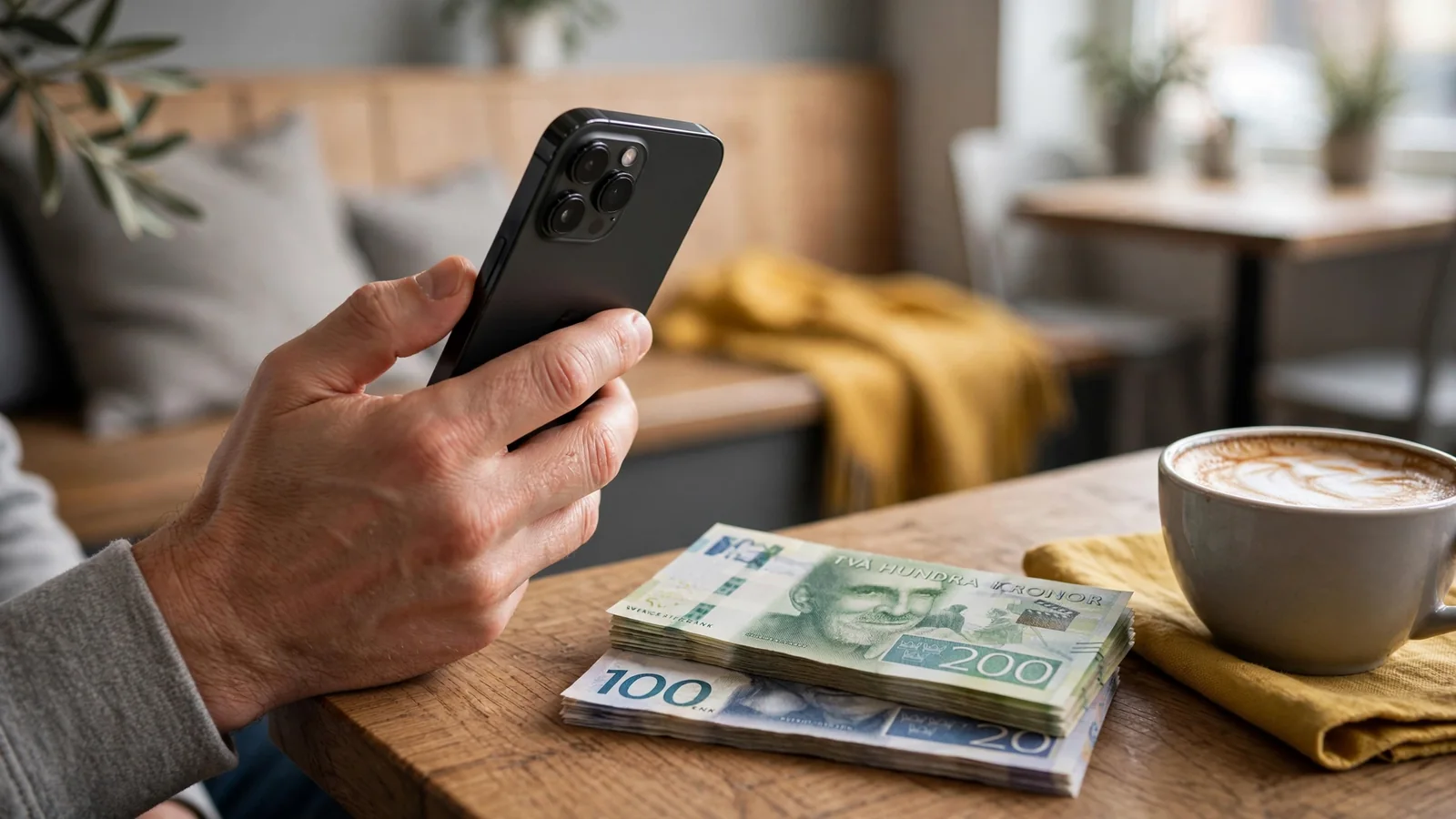 Hand med mobiltelefon vid ett kafébord med svenska kronor
