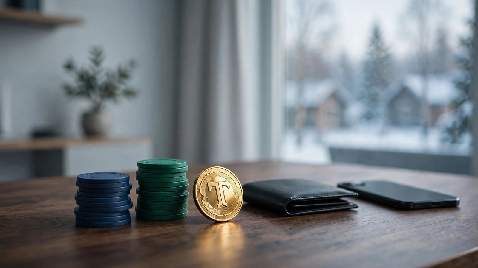 Stilren nordisk skrivbordsscen med casinofigurer, guldkryptomynt och en smartphone