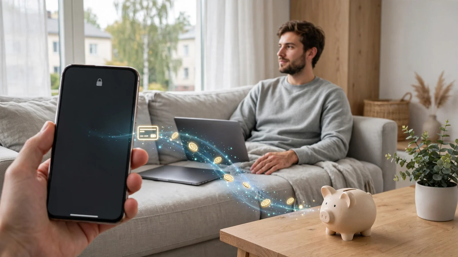 Svensk person med mobiltelefon och direkt banköverföring