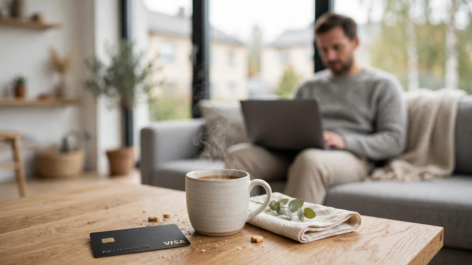 Visa-kort på ett bord i en modern svensk lägenhet med en person i bakgrunden