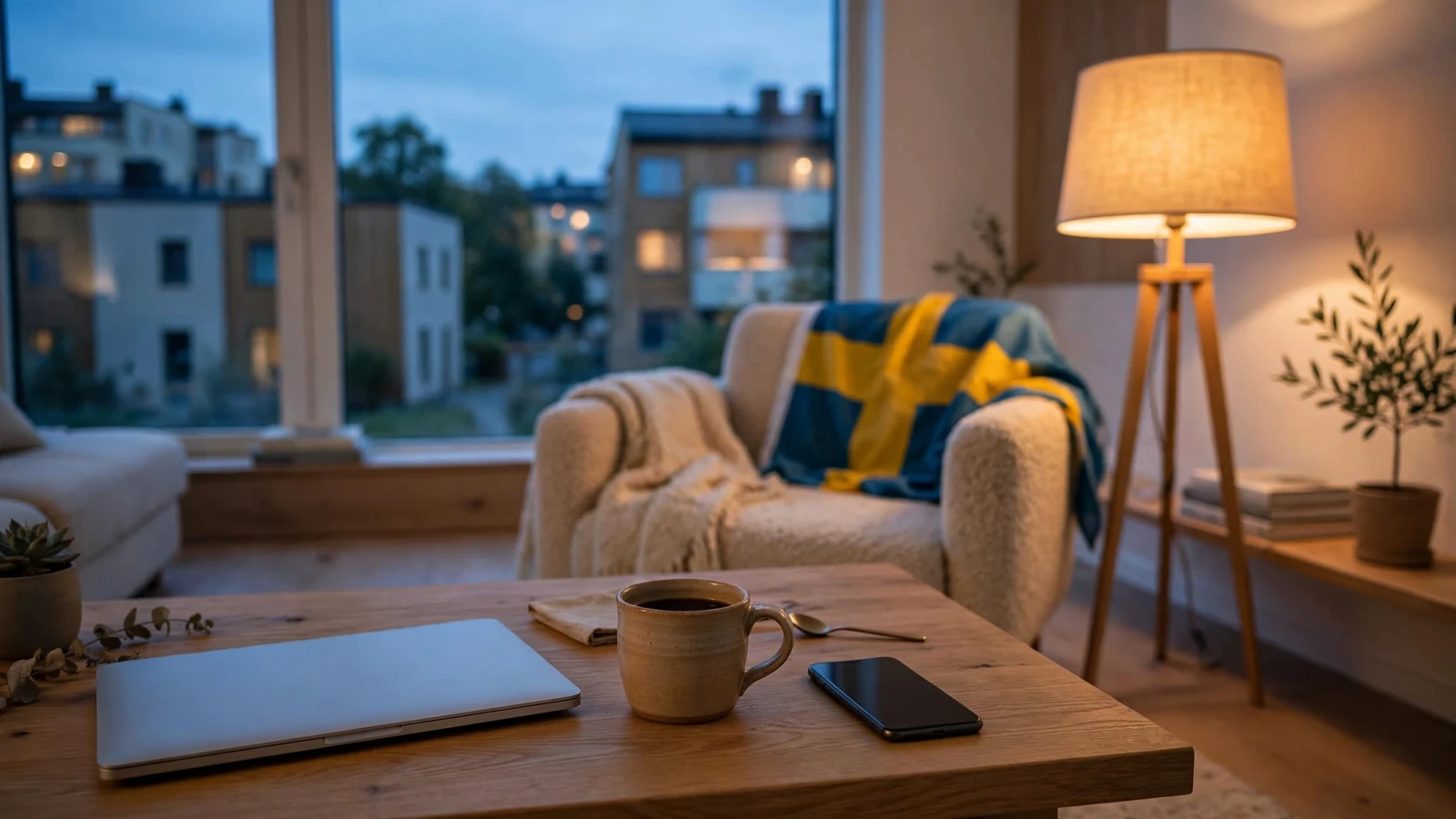 Modernt vardagsrum med stängd laptop och smartphone, varm belysning, svensk kontext