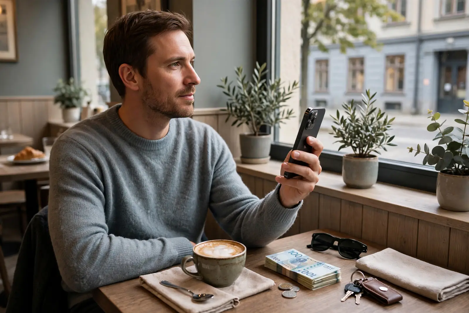 Svensk person håller en iPhone vid ett kafé i Stockholm