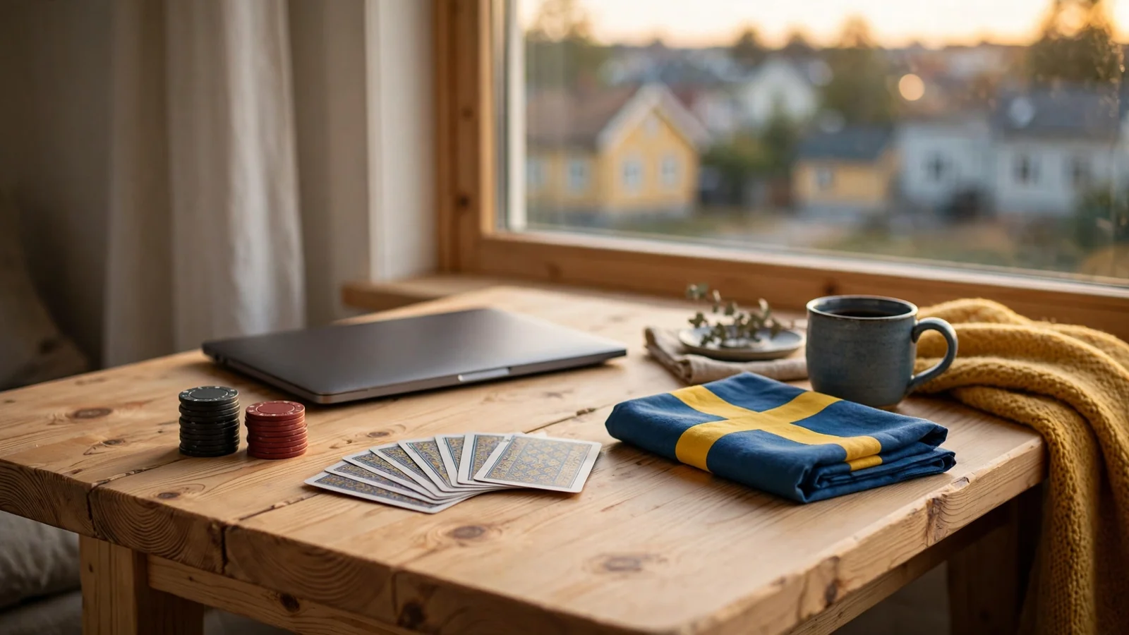 Casinochips och spelkort på ett svenskt träbord med stängd laptop