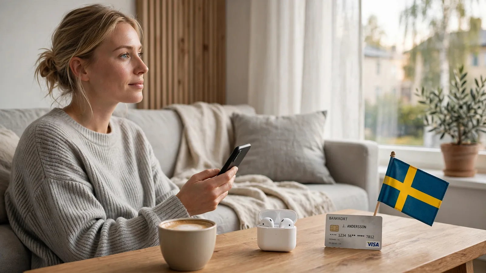 Person i modern svensk lägenhet med mobiltelefon, kaffe och bankkort vid sidan