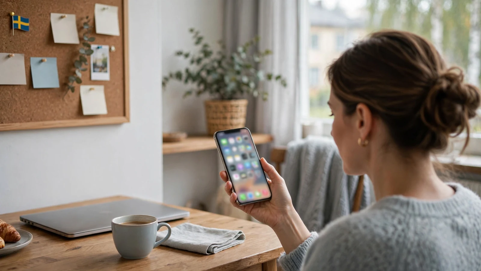 Modern skandinavisk vardagsrum med person som håller en smartphone nära ett träbord