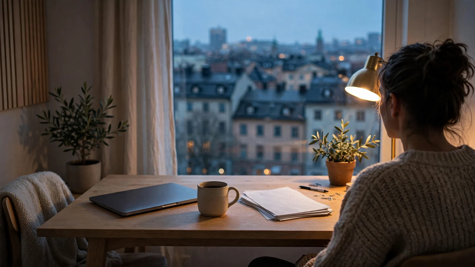 Svensk hemmakontor i skymningsljus med stängd laptop och kaffekopp, utsikt över Stockholm