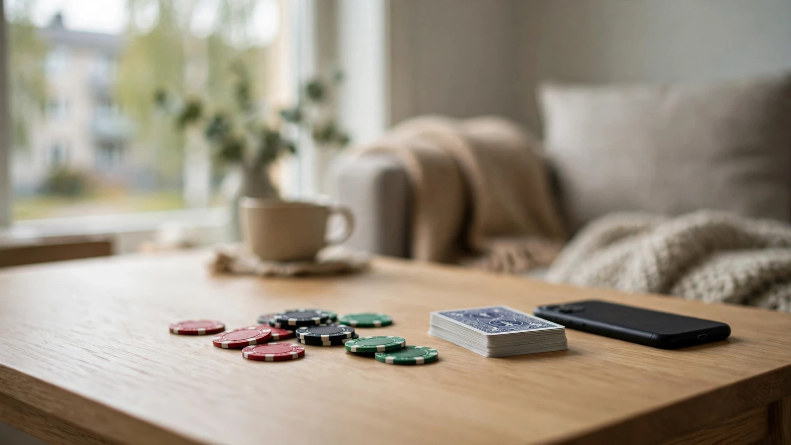 Casinomarker, kort och en mobiltelefon på ett bord i ett svenskt hem