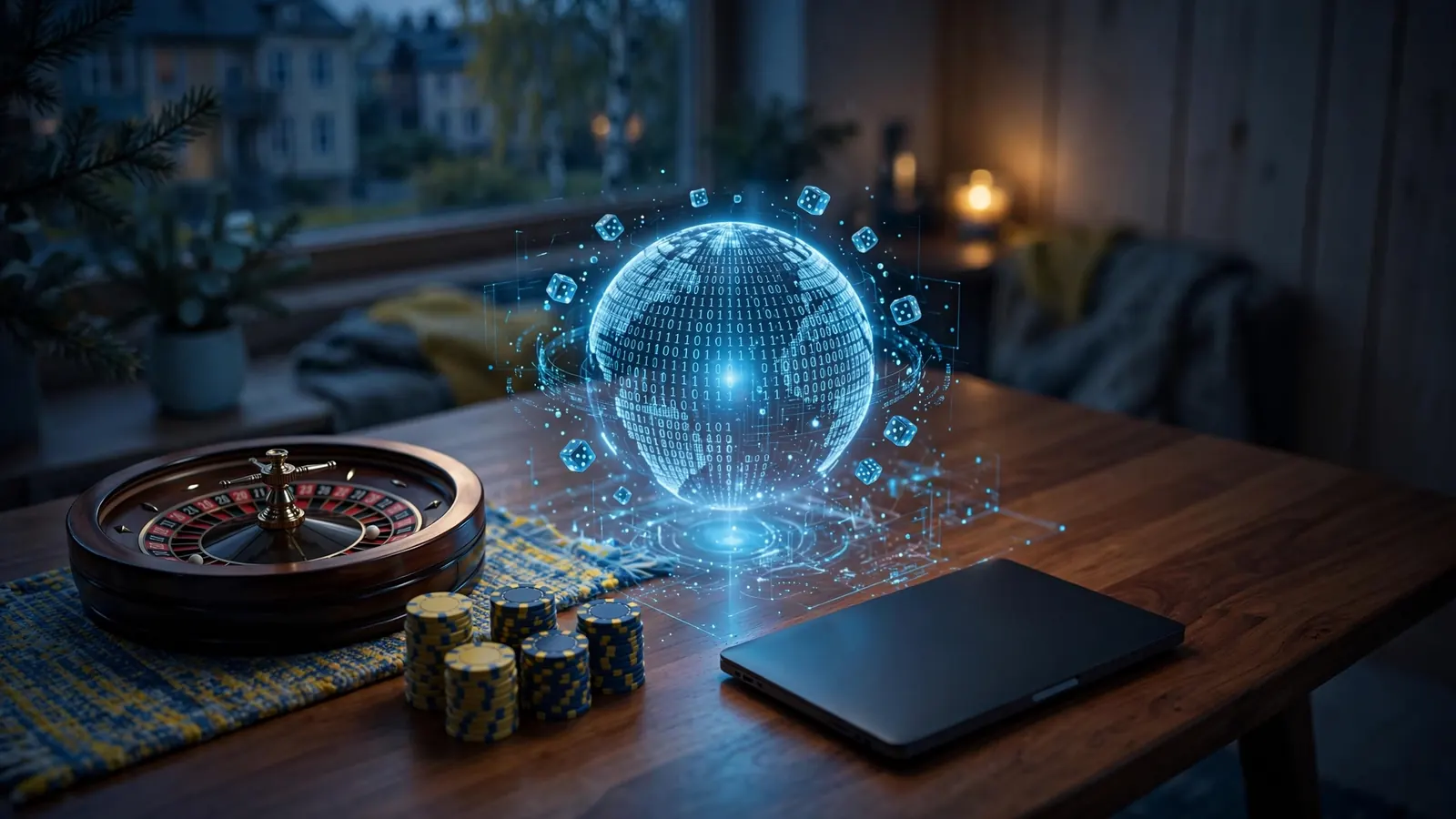 Roulettehjul, marker och ett hologram av en slumptalsgenerator på ett casinobord