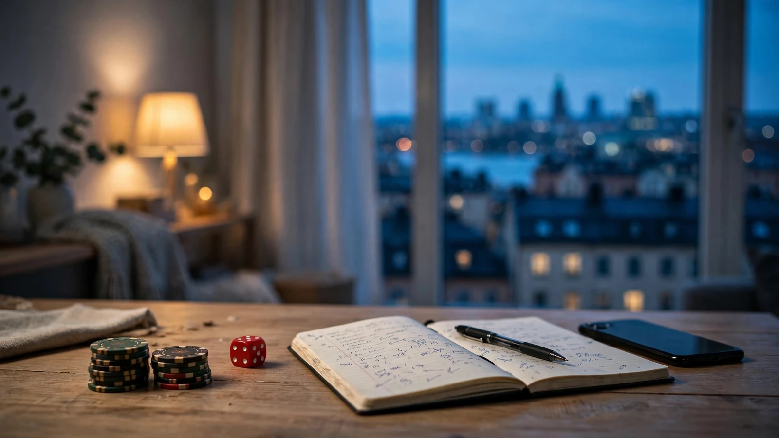 Casinochips, tärning och anteckningsbok på ett bord i ett svenskt hem