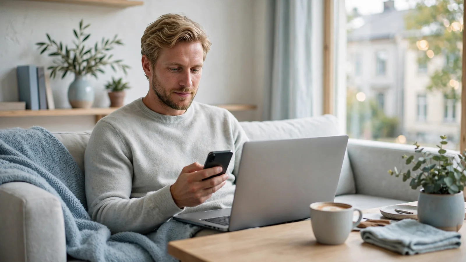 Person i modern svensk lägenhet med laptop och mobil vid soffbord