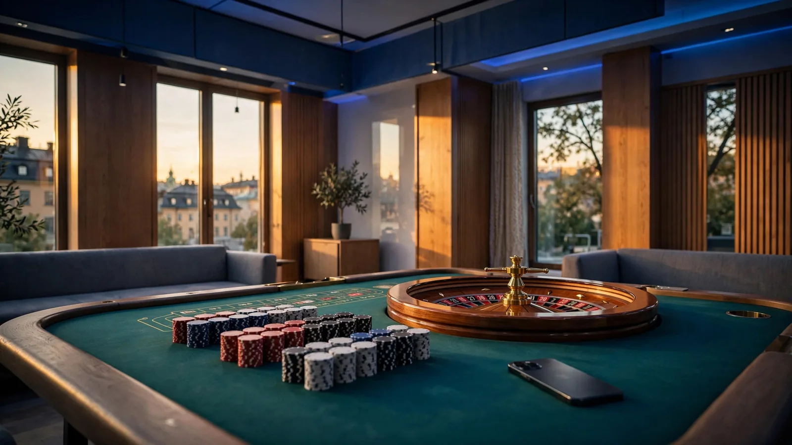 Tomt elegant casinobord i Stockholm med marker och roulettehjul i dämpat ljus