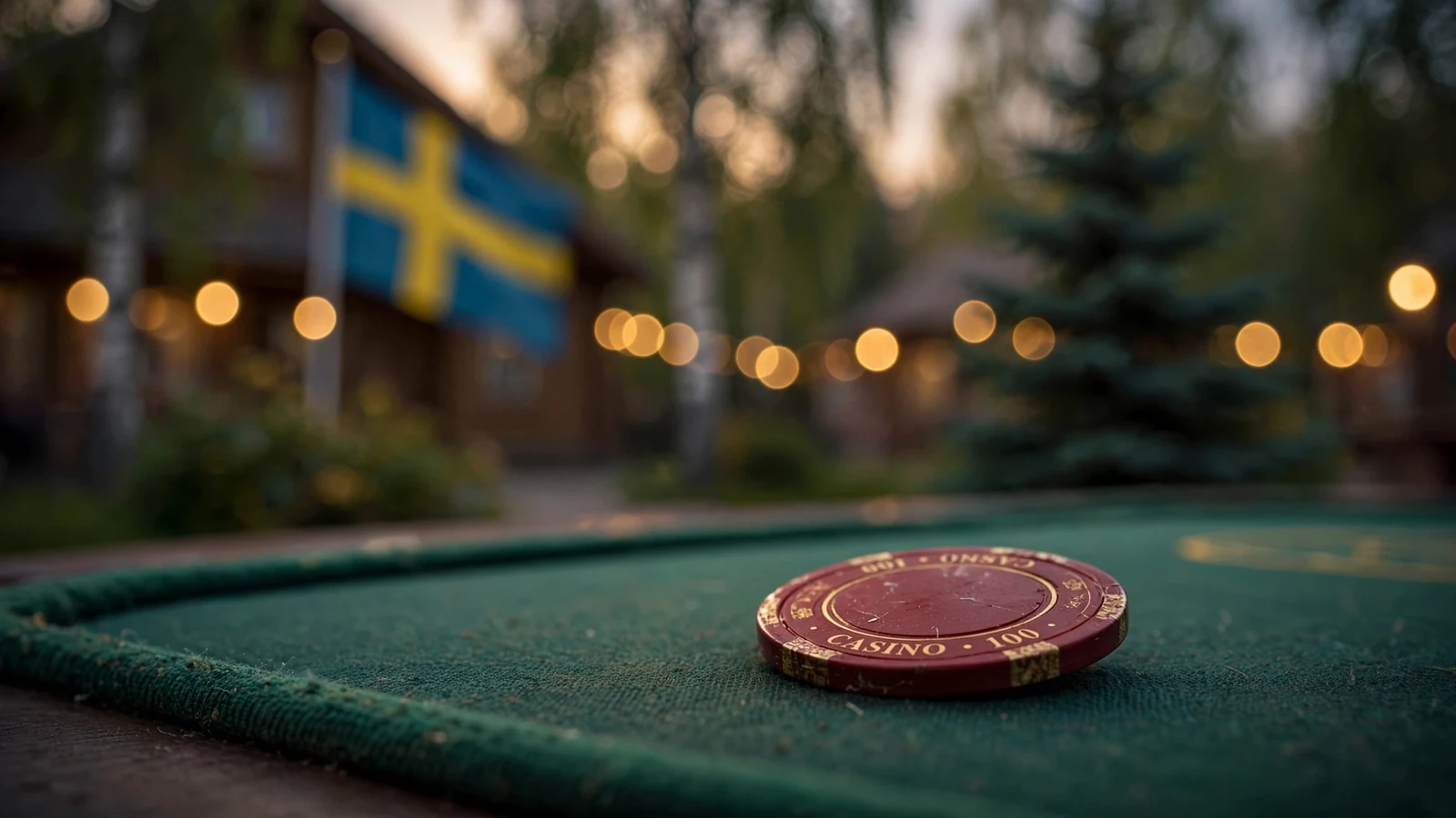 Röd casinobricka på filtduk med svensk flagga bakom
